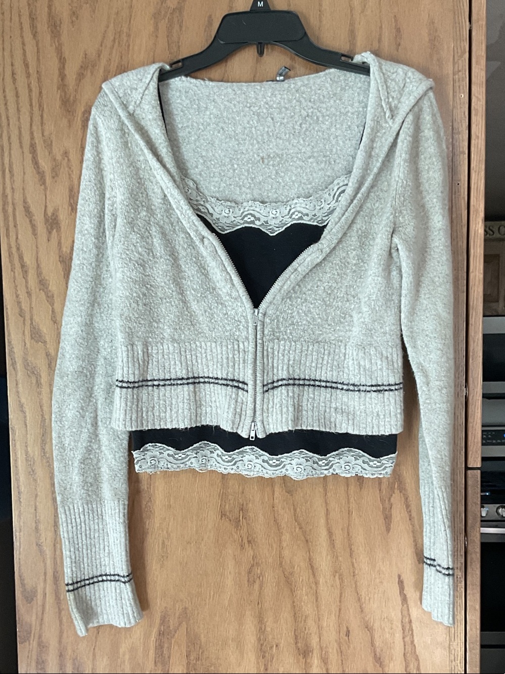 Takeout Light Gray Hooded Zip Sweater with Lace Trim Cami